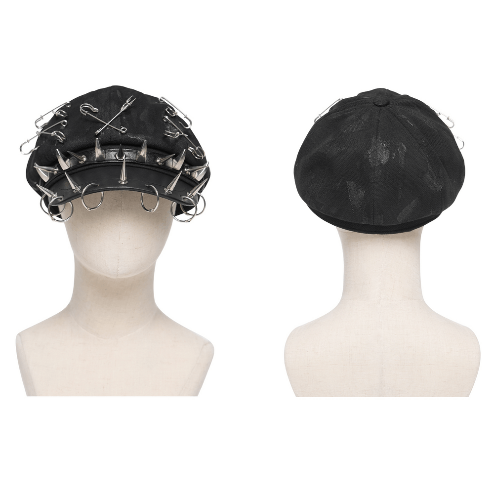 Black Punk Beret Hat with Spikes Rings and Safety Pin Trim showcasing spikes and safety pins.