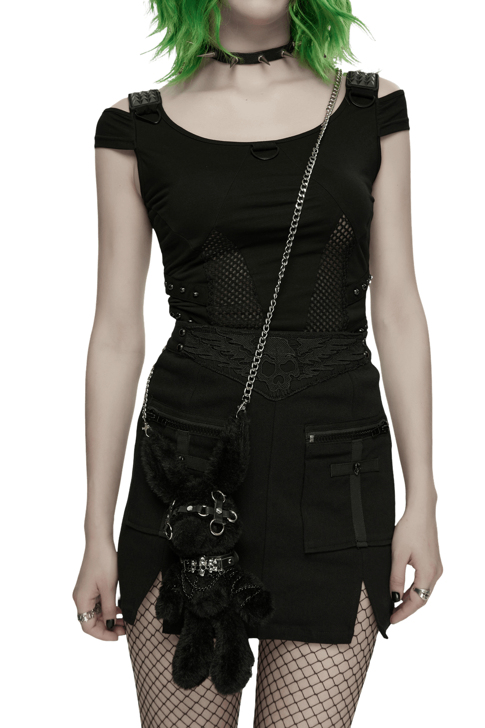 Alt Tag: Black Punk Bunny Plush Keychain Bag Charm Doll on chain crossbody, gothic black bunny plush charm with harness details