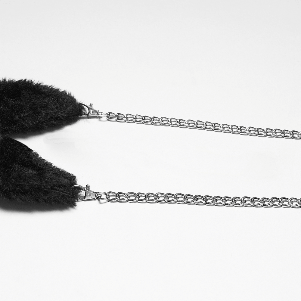 Alt Tag: Black Punk Bunny Plush Keychain Bag Charm Doll with black faux-fur bunny ears and silver chain, goth punk accessory close-up