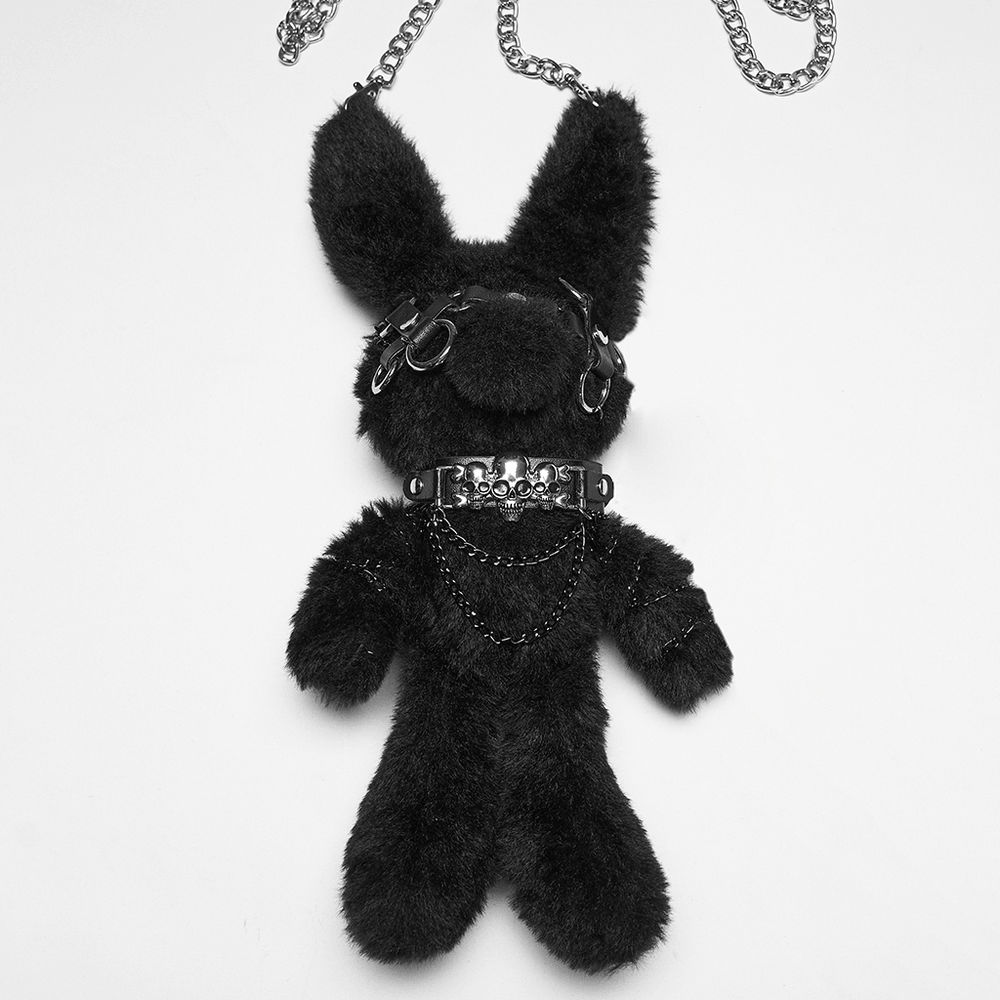 Alt Tag: Black Punk Bunny Plush Keychain Bag Charm Doll with gothic black faux-fur bunny, harness straps, chain collar, and lobster clasp