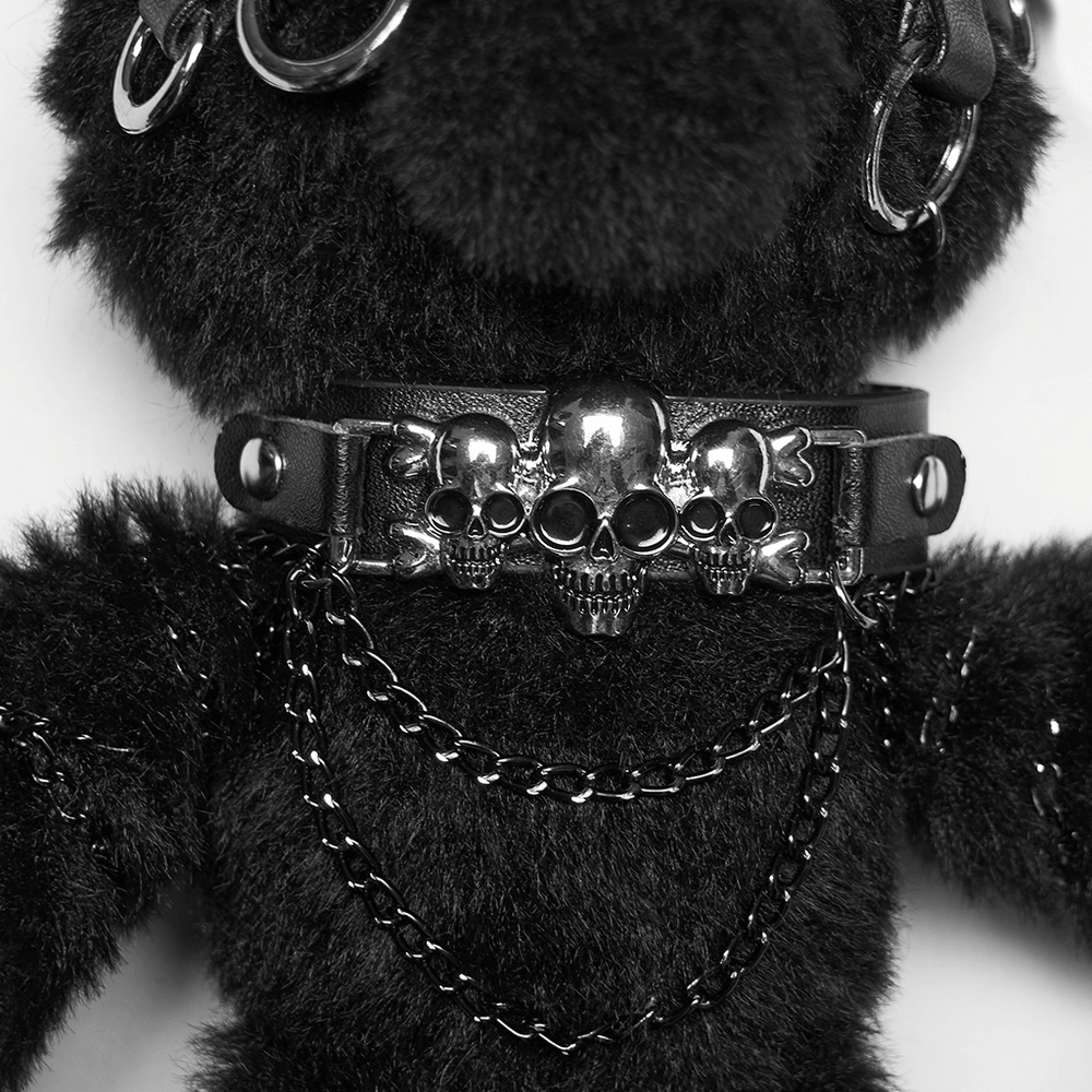 Alt Tag: Black Punk Bunny Plush Keychain Bag Charm Doll close-up, black faux fur bunny with skull collar and chain harness details