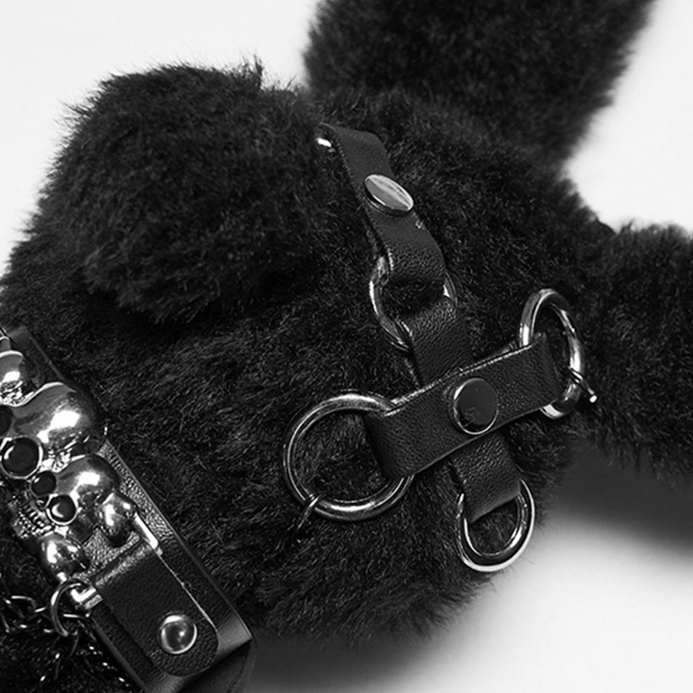 Alt Tag: Black Punk Bunny Plush Keychain Bag Charm Doll close-up of black faux fur bunny with metal harness rings, chain accents and studs