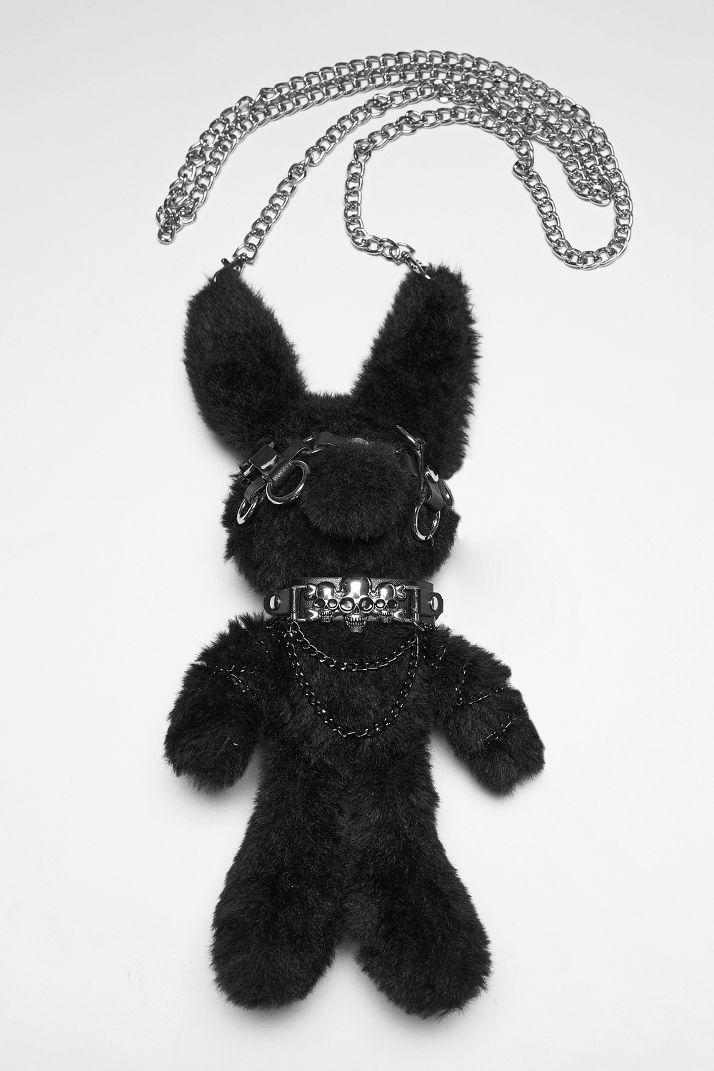Alt Tag: Black Punk Bunny Plush Keychain Bag Charm Doll with metal harness, chain strap, and gothic collar plush charm