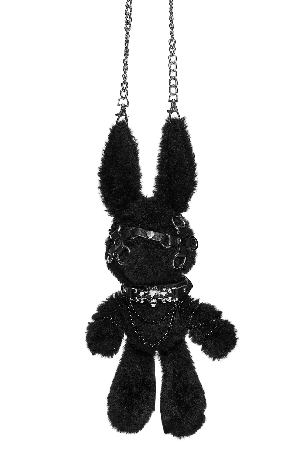 Alt Tag: Black Punk Bunny Plush Keychain Bag Charm Doll in black faux fur with harness, chain collar, and hanging chain strap gothic charm