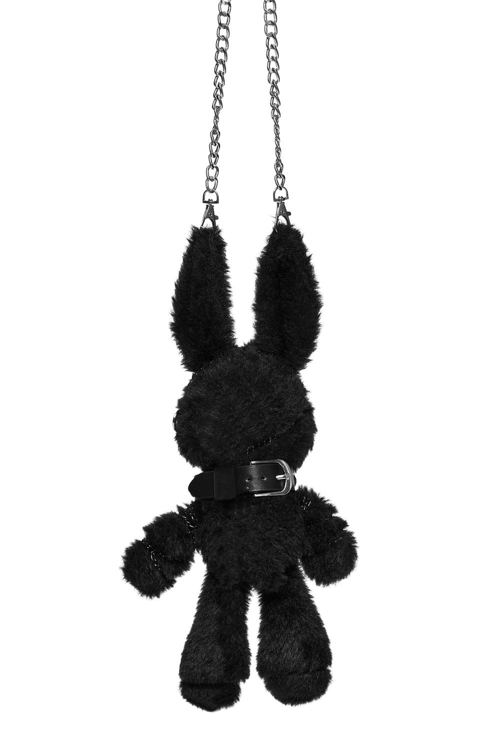 Alt Tag: Black Punk Bunny Plush Keychain Bag Charm Doll with chain strap and collar harness, gothic black bunny plush charm