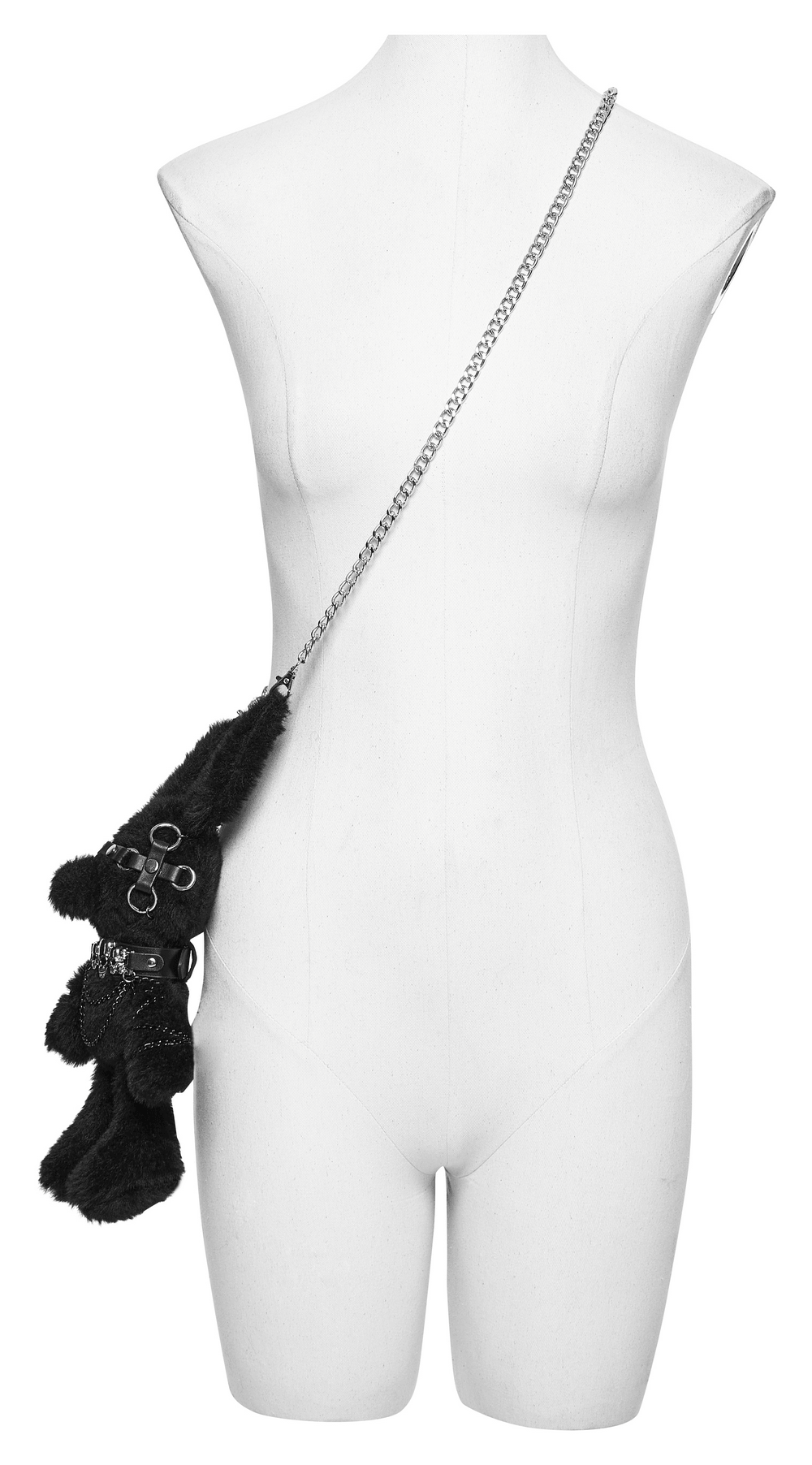 Alt Tag: Black Punk Bunny Plush Keychain Bag Charm Doll on chain strap, black gothic bunny plush with harness and metal rings