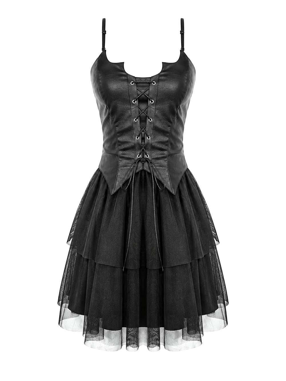 Black Punk Cami Dress with Faux Leather Bodice showcasing structured bodice and lace-up detailing.