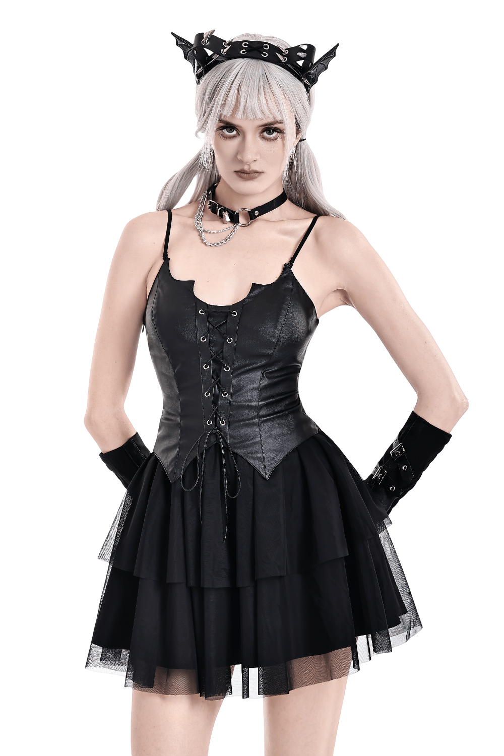 Black Punk Cami Dress with Faux Leather Bodice worn by model, showcasing a gothic style with lace-up details and layered skirt.