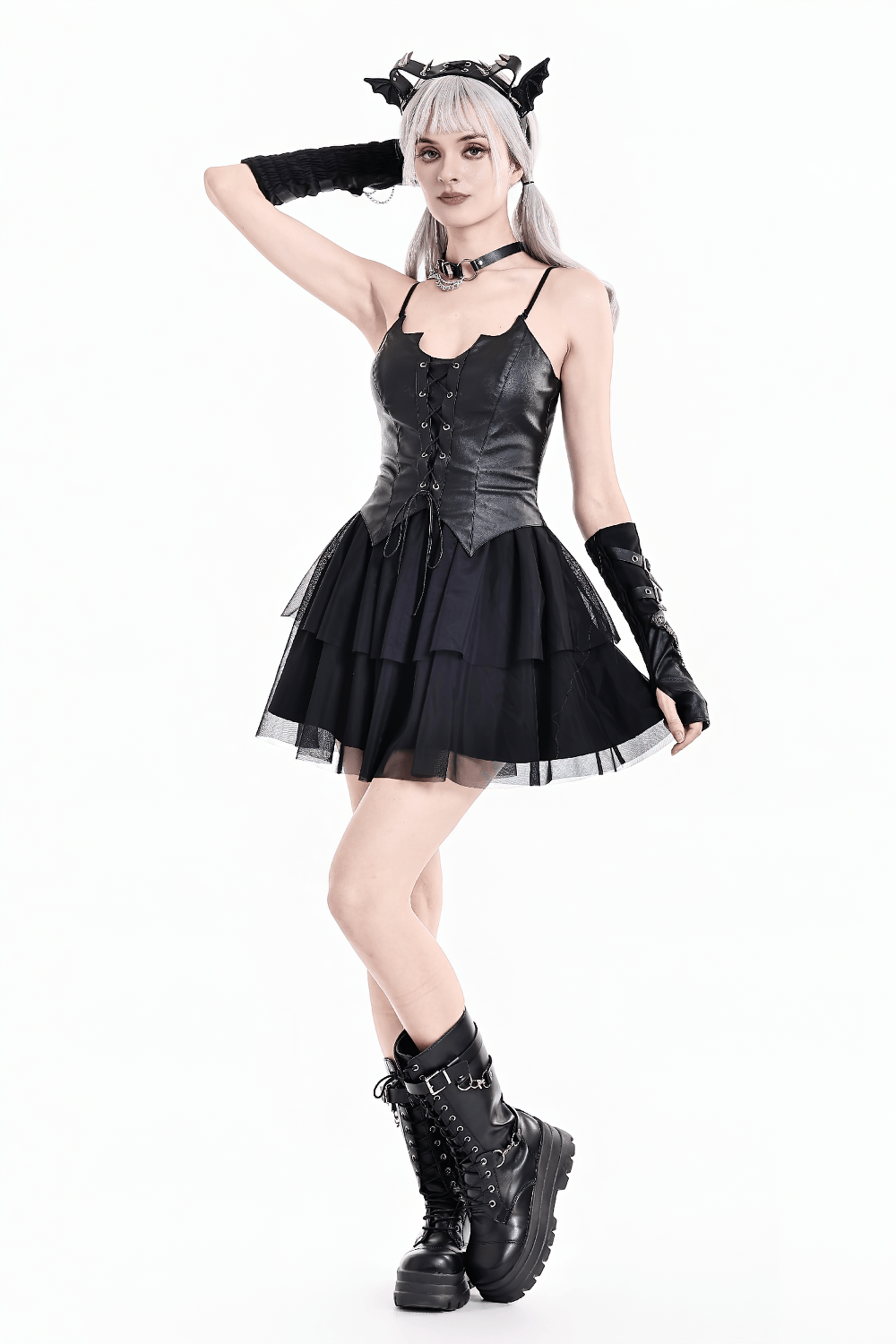 Black Punk Cami Dress with Faux Leather Bodice worn by model, showcasing gothic style and punk flair.