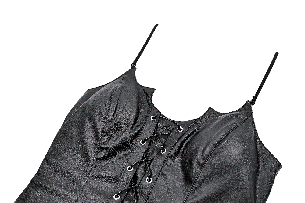 Black Punk Cami Dress with Faux Leather Bodice featuring lace-up detailing and adjustable straps.
