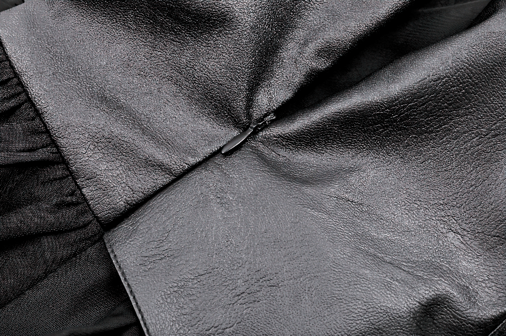 Close-up of the faux leather bodice of the Black Punk Cami Dress with Faux Leather Bodice.