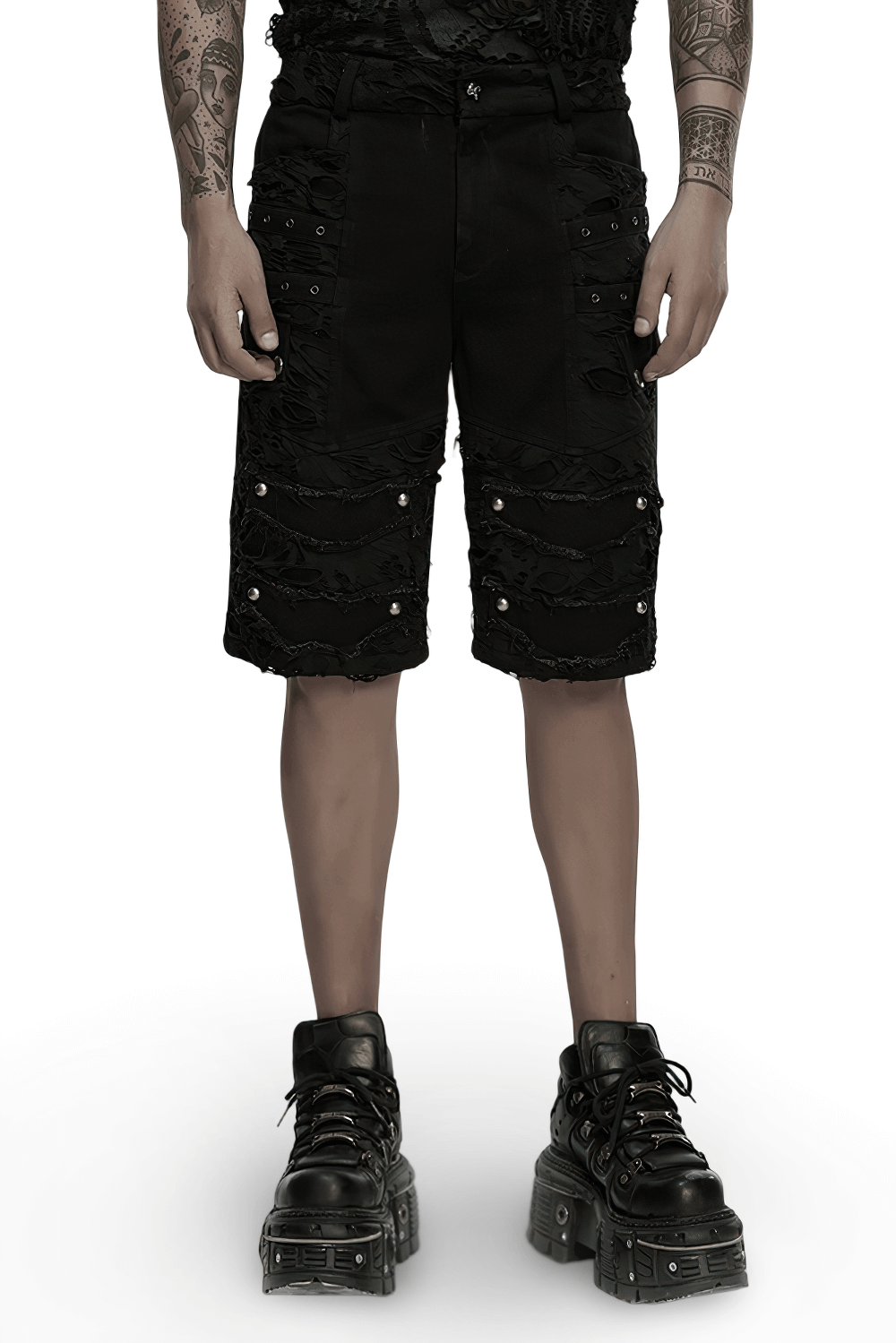 Black punk denim shorts with tattered detail and tassels, featuring a raw, edgy style for alternative fashion lovers.