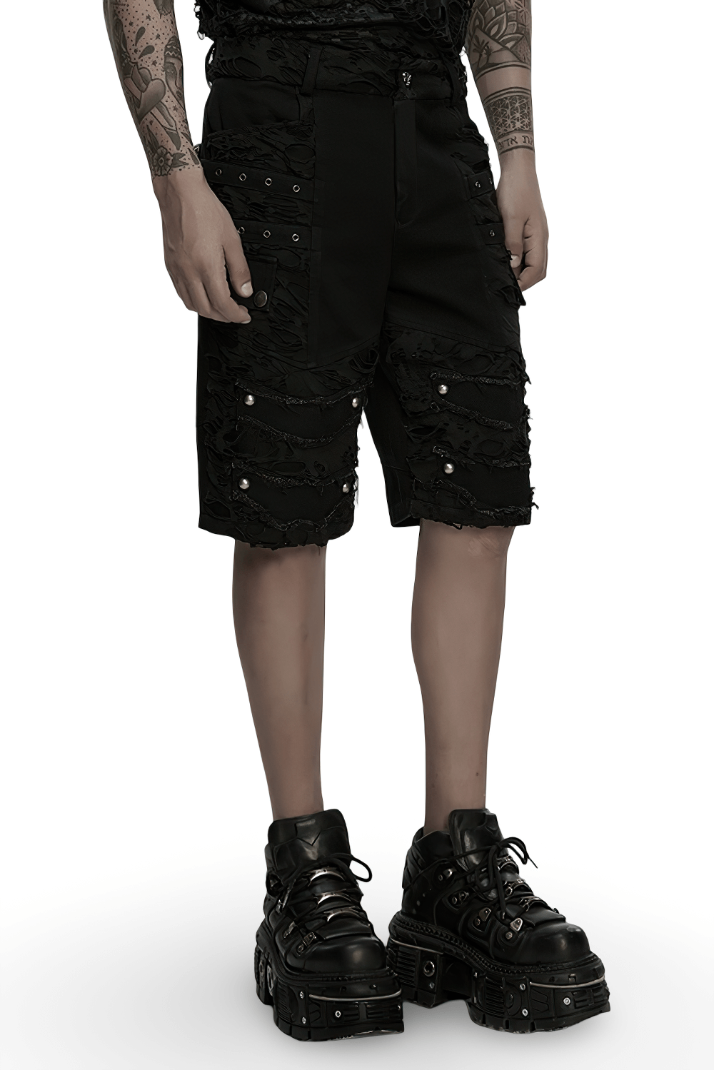 Black punk denim shorts with tattered detail and tassels for a bold alternative fashion statement.