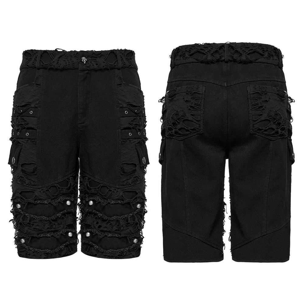 Black punk denim shorts with tattered details and tassels, showcasing frayed fabric and a bold, edgy design.