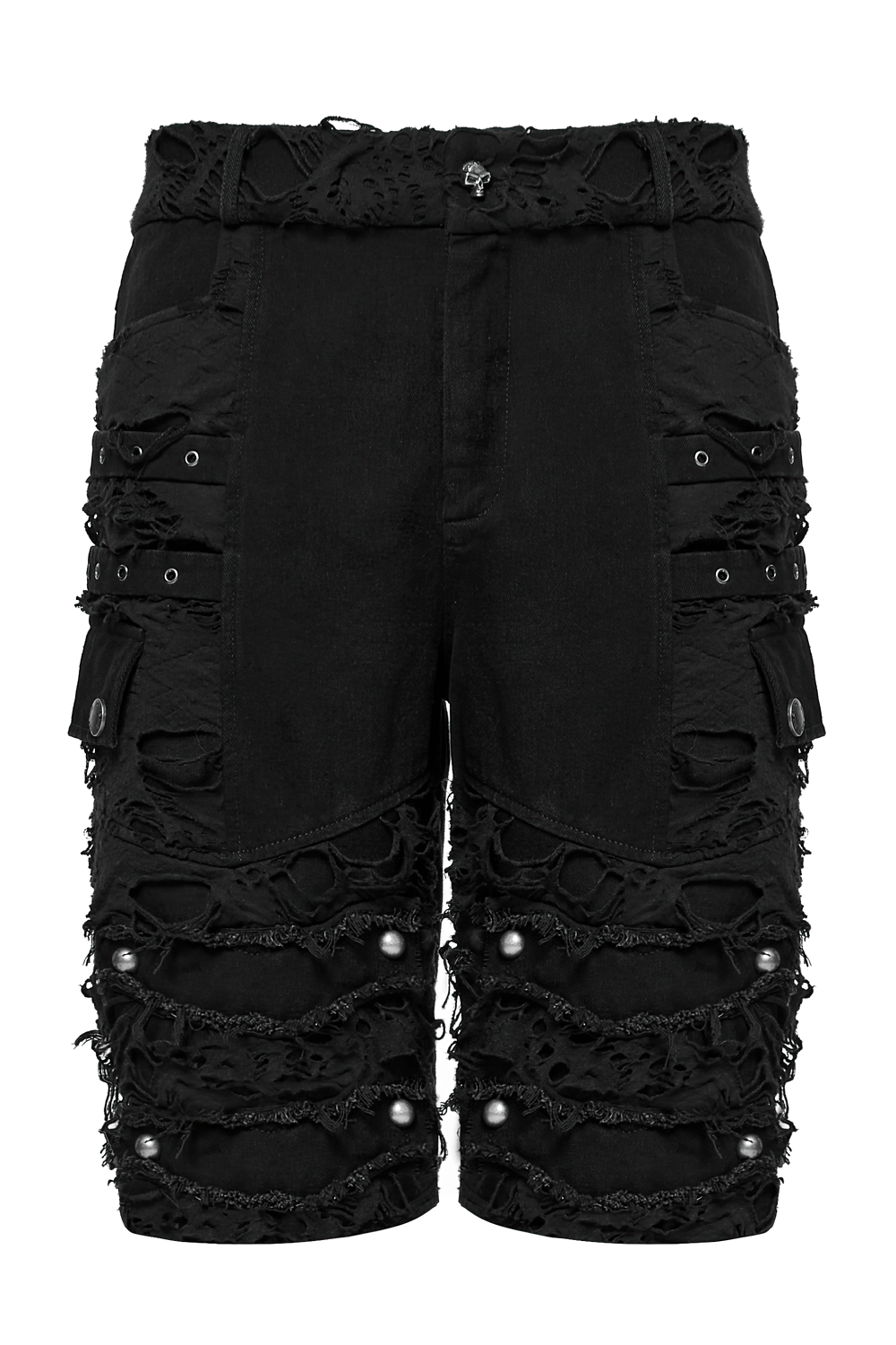 Black punk denim shorts with tattered details, tassels, and a distressed look, perfect for alternative fashion.