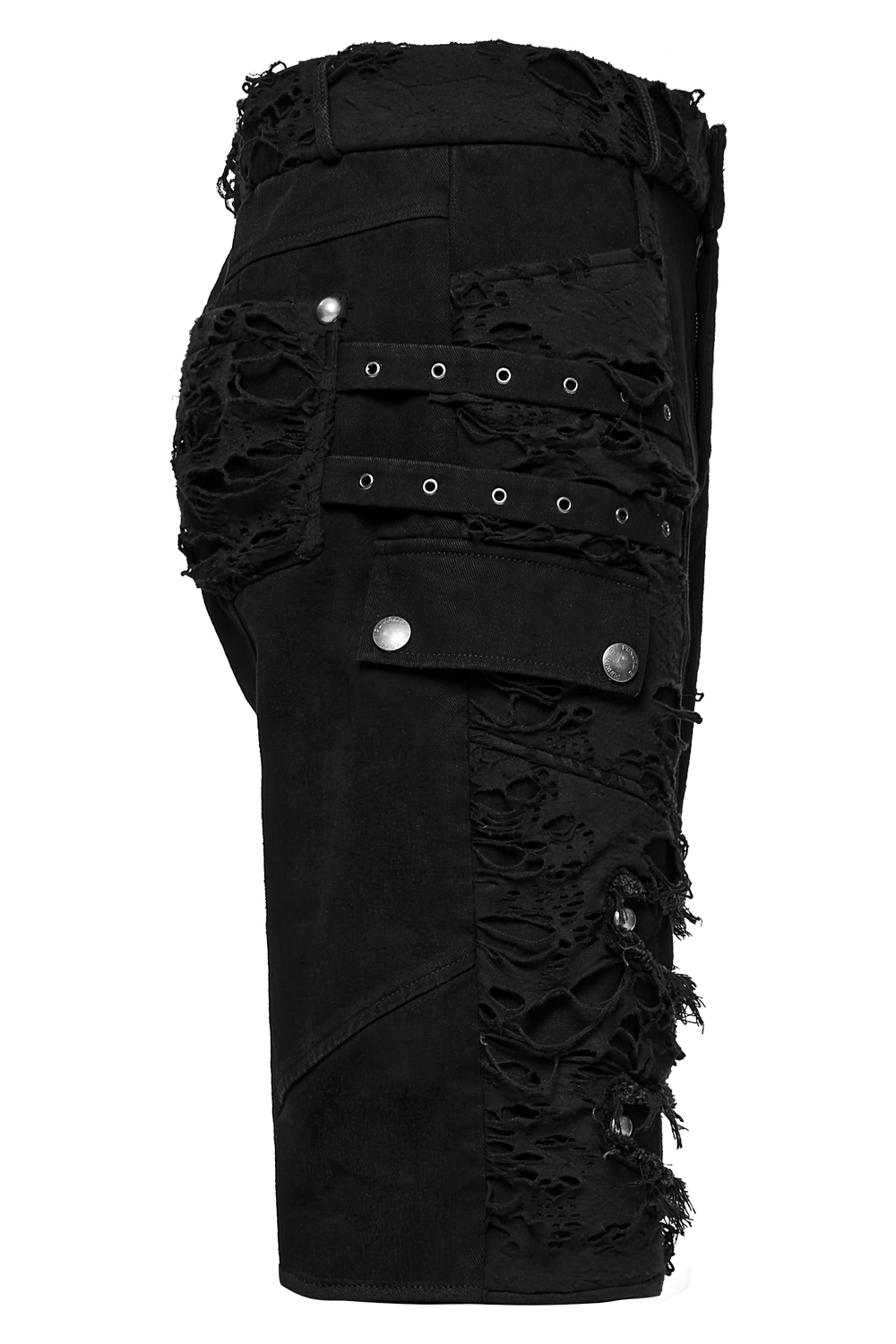 Black punk denim shorts with tattered details, frayed fabric, and bold tassels for a unique, edgy look.