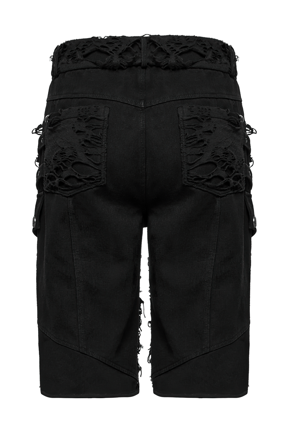 Black punk denim shorts featuring tattered details, tassels, and a unique raw edge design, perfect for alternative fashion.