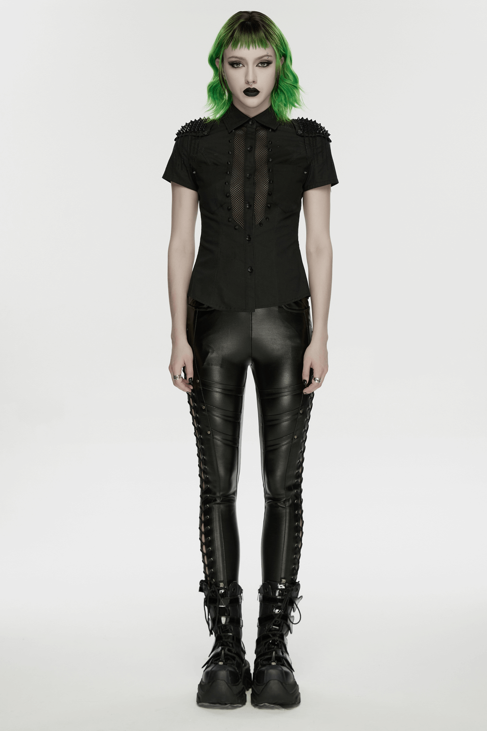 Black Punk Faux Leather Leggings with Side Drawstrings worn by a model with green hair, showcasing a gothic style.
