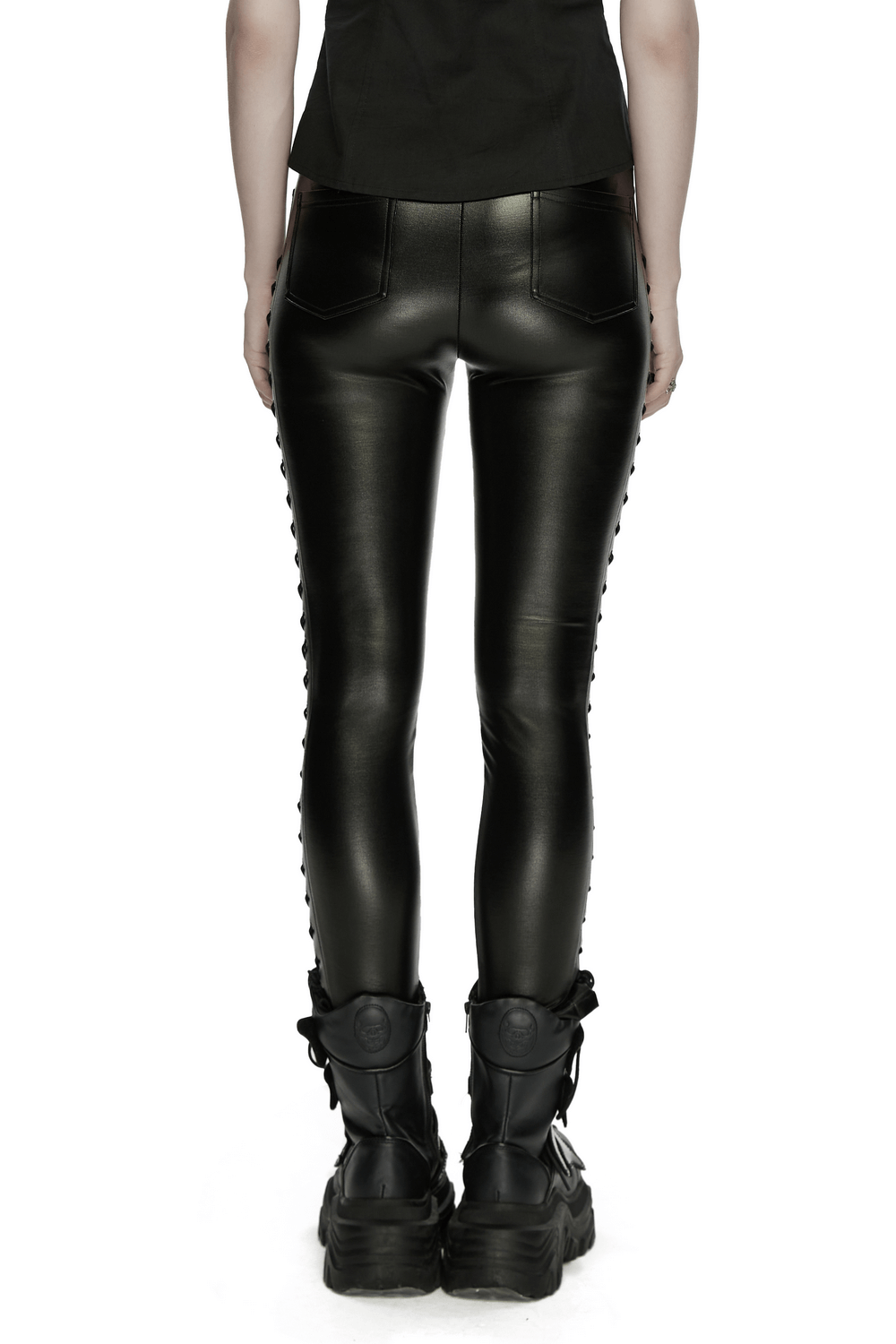Black Punk Faux Leather Leggings with Side Drawstrings view from the back, featuring sleek rubberized knit and stylish side drawstrings.