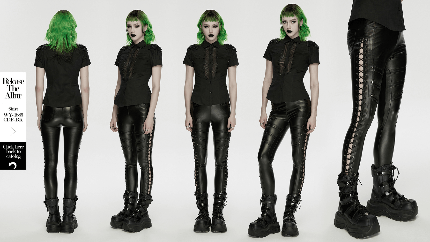 Black Punk Faux Leather Leggings with Side Drawstrings showcased on model with green hair.