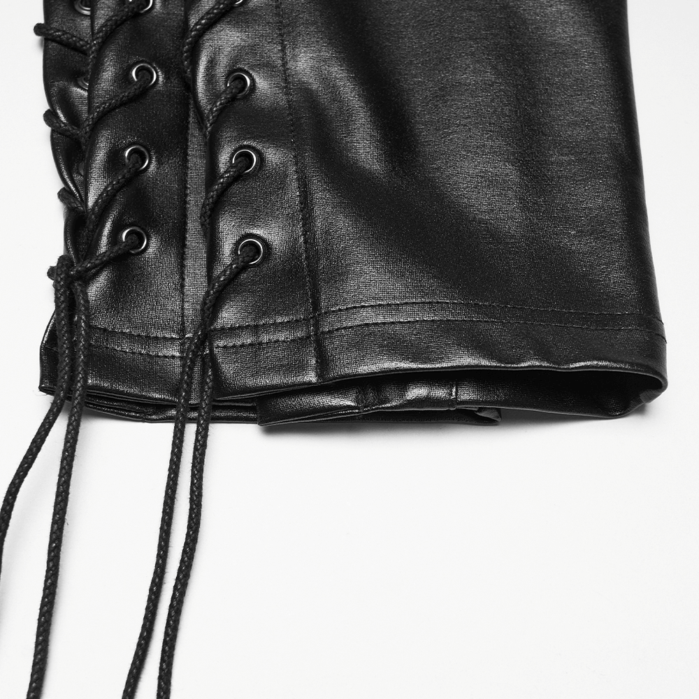 Black Punk Faux Leather Leggings with Side Drawstrings close-up showing adjustable drawstrings and rubberized knit texture.