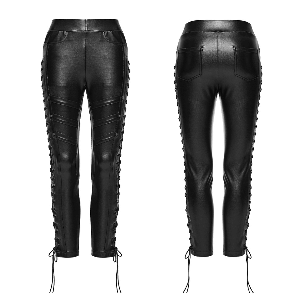 Black Punk Faux Leather Leggings with Side Drawstrings featuring adjustable side drawstrings and sleek rubberized knit design.