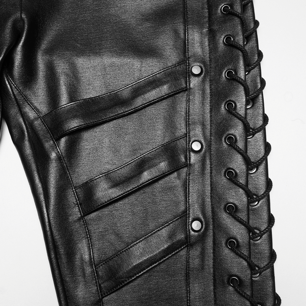 Black Punk Faux Leather Leggings with Side Drawstrings featuring stylish side drawstring design.