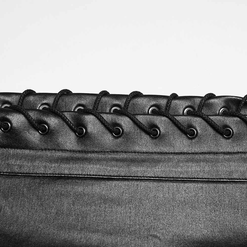 Close-up of Black Punk Faux Leather Leggings with Side Drawstrings showing the lace-up detail.