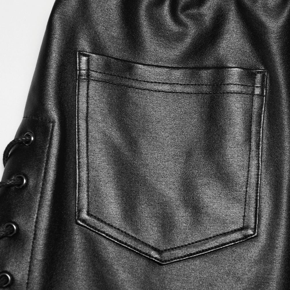Black Punk Faux Leather Leggings with Side Drawstrings close-up of back pocket detail in sleek fabric.