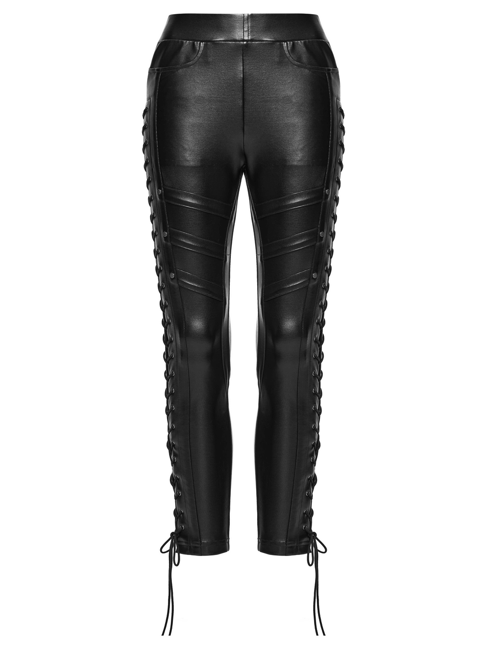 Black Punk Faux Leather Leggings with Side Drawstrings featuring a sleek rubberized knit style.
