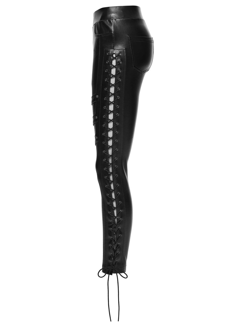 Black Punk Faux Leather Leggings with Side Drawstrings showcasing edgy lace-up design and sleek silhouette.