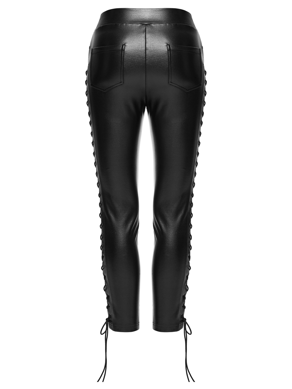 Black Punk Faux Leather Leggings with Side Drawstrings, back view showcasing adjustable drawstrings.