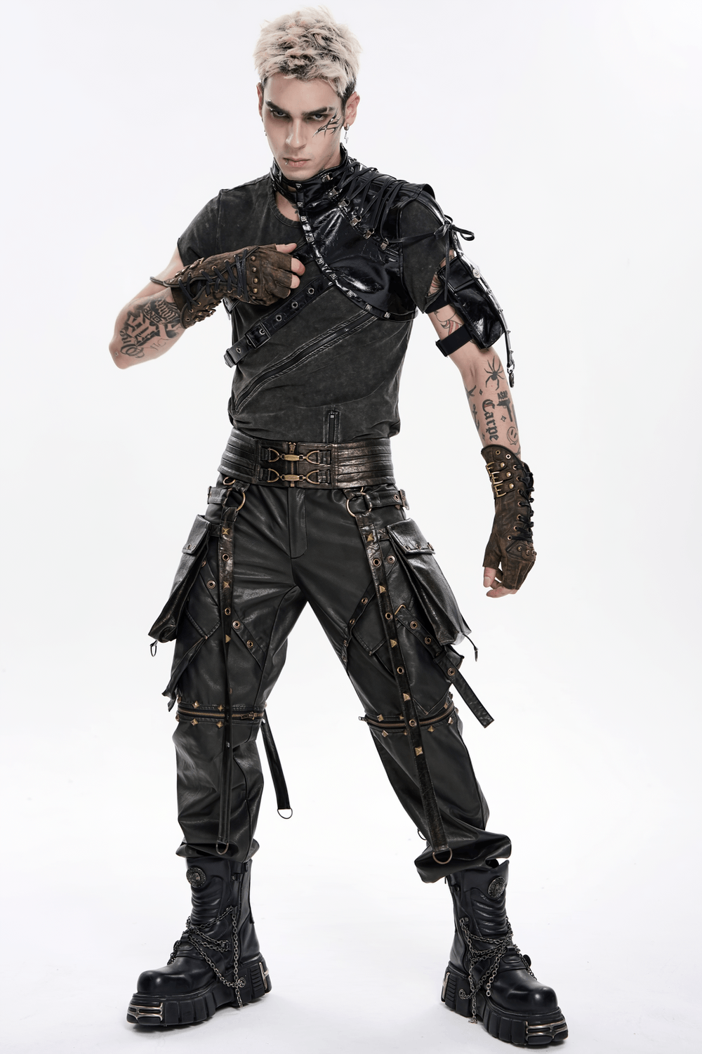 Black Punk Faux Leather Zip-Off Cargo Pants with Studs