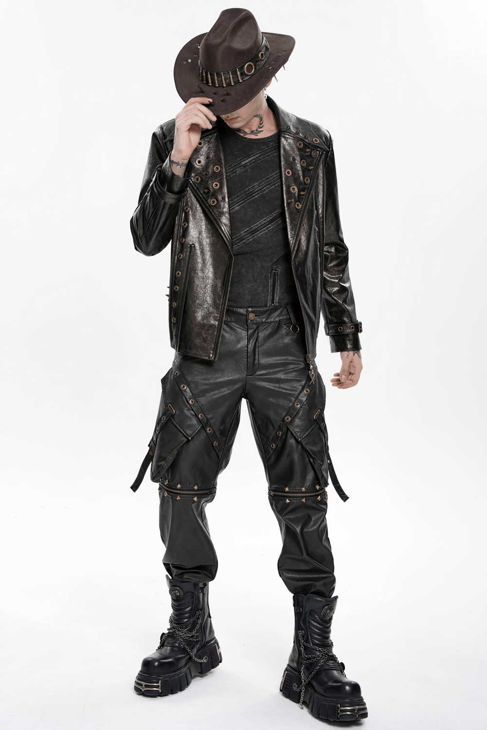 Black Punk Faux Leather Zip-Off Cargo Pants with Studs