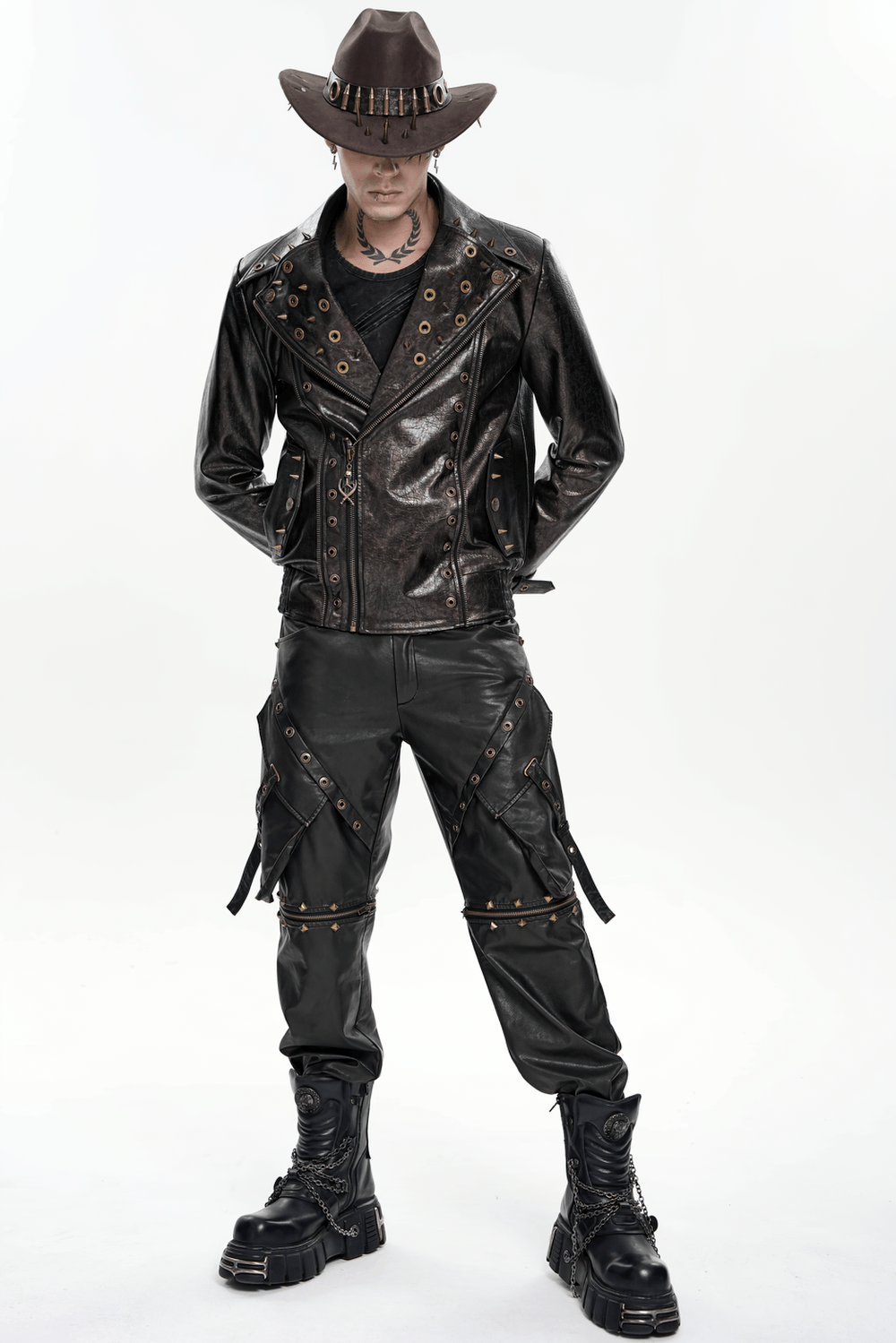 Black Punk Faux Leather Zip-Off Cargo Pants with Studs