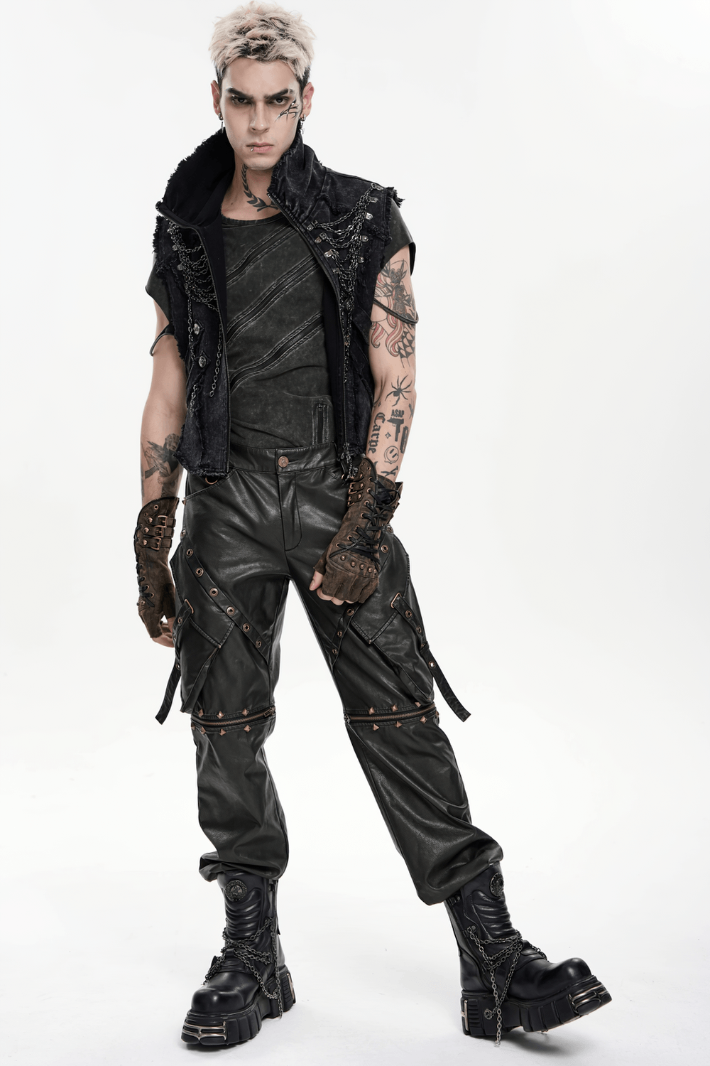 Black Punk Faux Leather Zip-Off Cargo Pants with Studs
