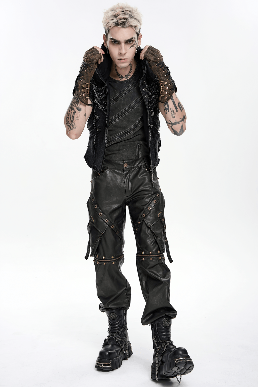 Black Punk Faux Leather Zip-Off Cargo Pants with Studs