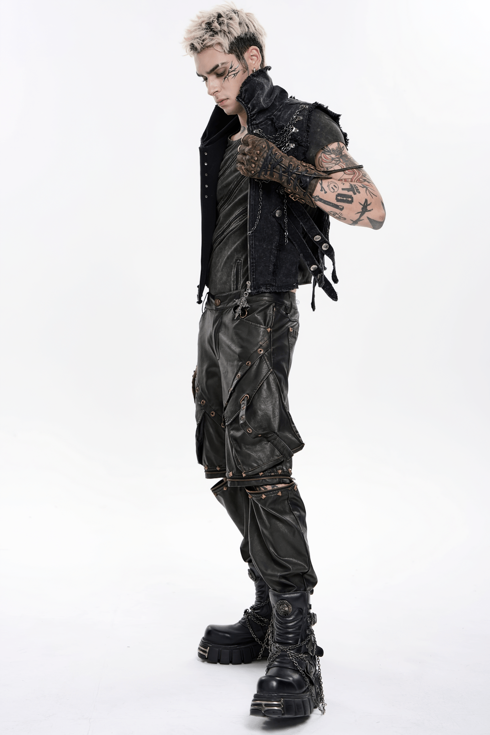 Black Punk Faux Leather Zip-Off Cargo Pants with Studs