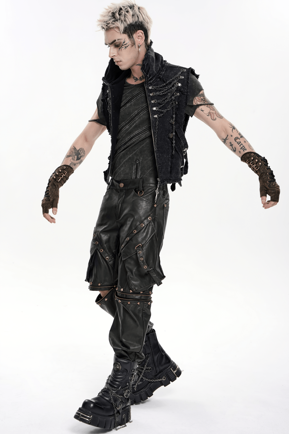 Black Punk Faux Leather Zip-Off Cargo Pants with Studs