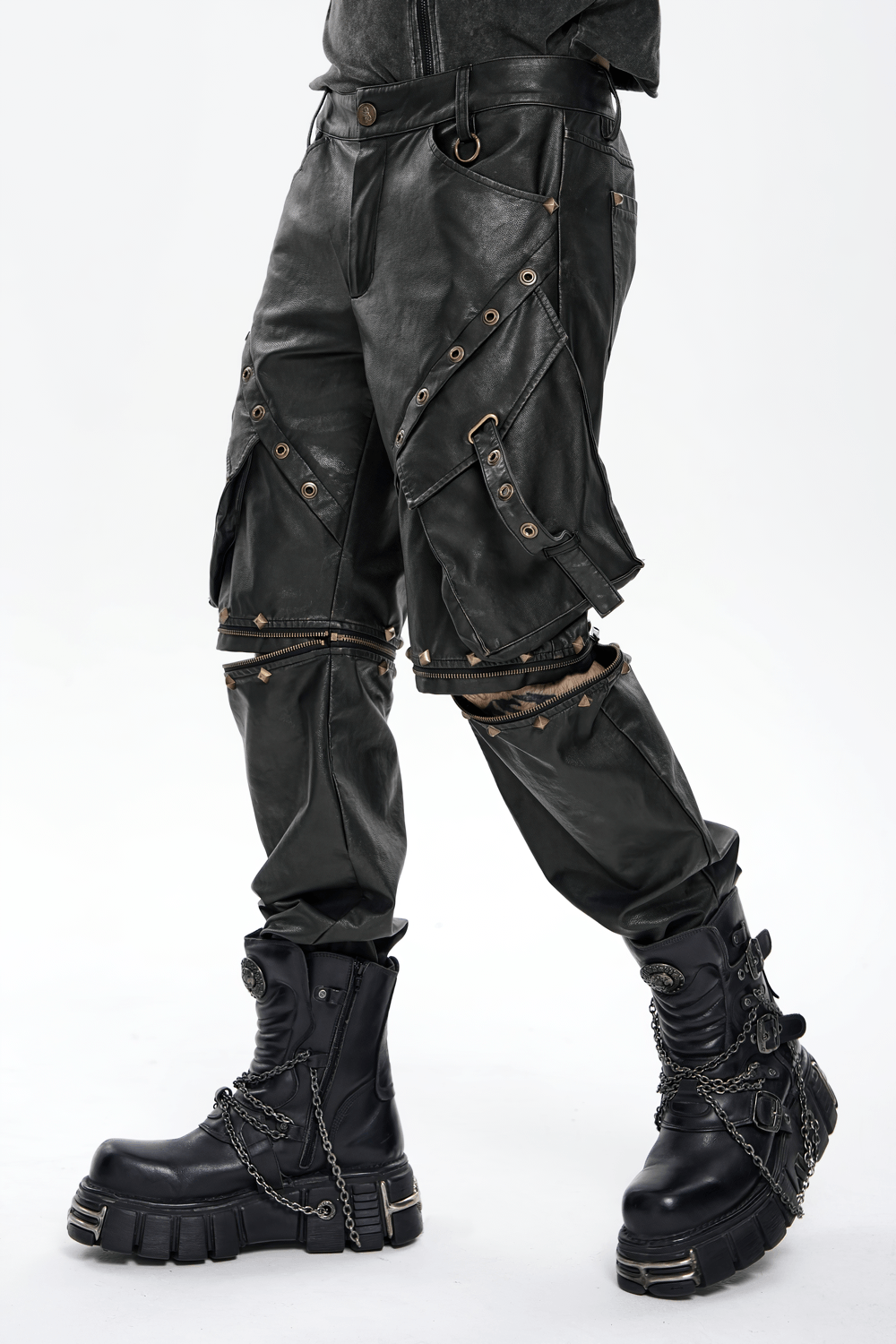 Black Punk Faux Leather Zip-Off Cargo Pants with Studs