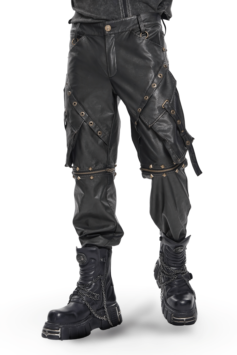 Black Punk Faux Leather Zip-Off Cargo Pants with Studs