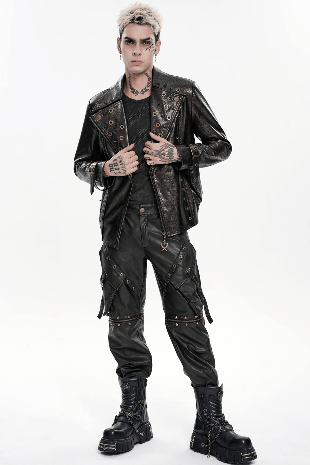 Black Punk Faux Leather Zip-Off Cargo Pants with Studs