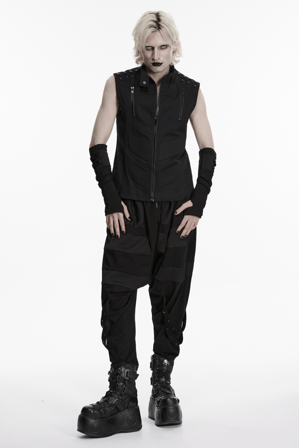 リベットストラップ付きブラックパンクフィンガーレスグローブ