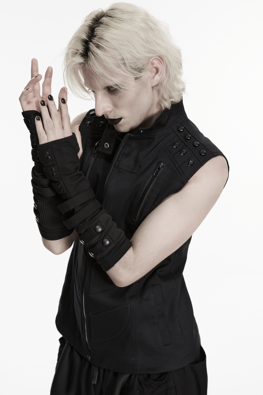 リベットストラップ付きブラックパンクフィンガーレスグローブ