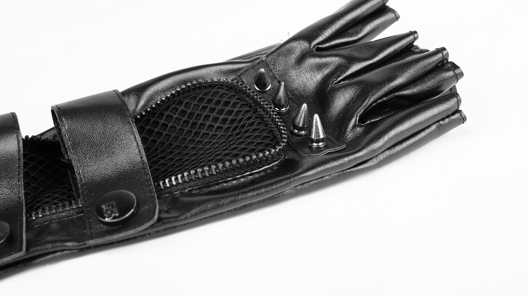 Black punk gauntlet gloves featuring spiked joints and mesh accents for a bold, rebellious style.