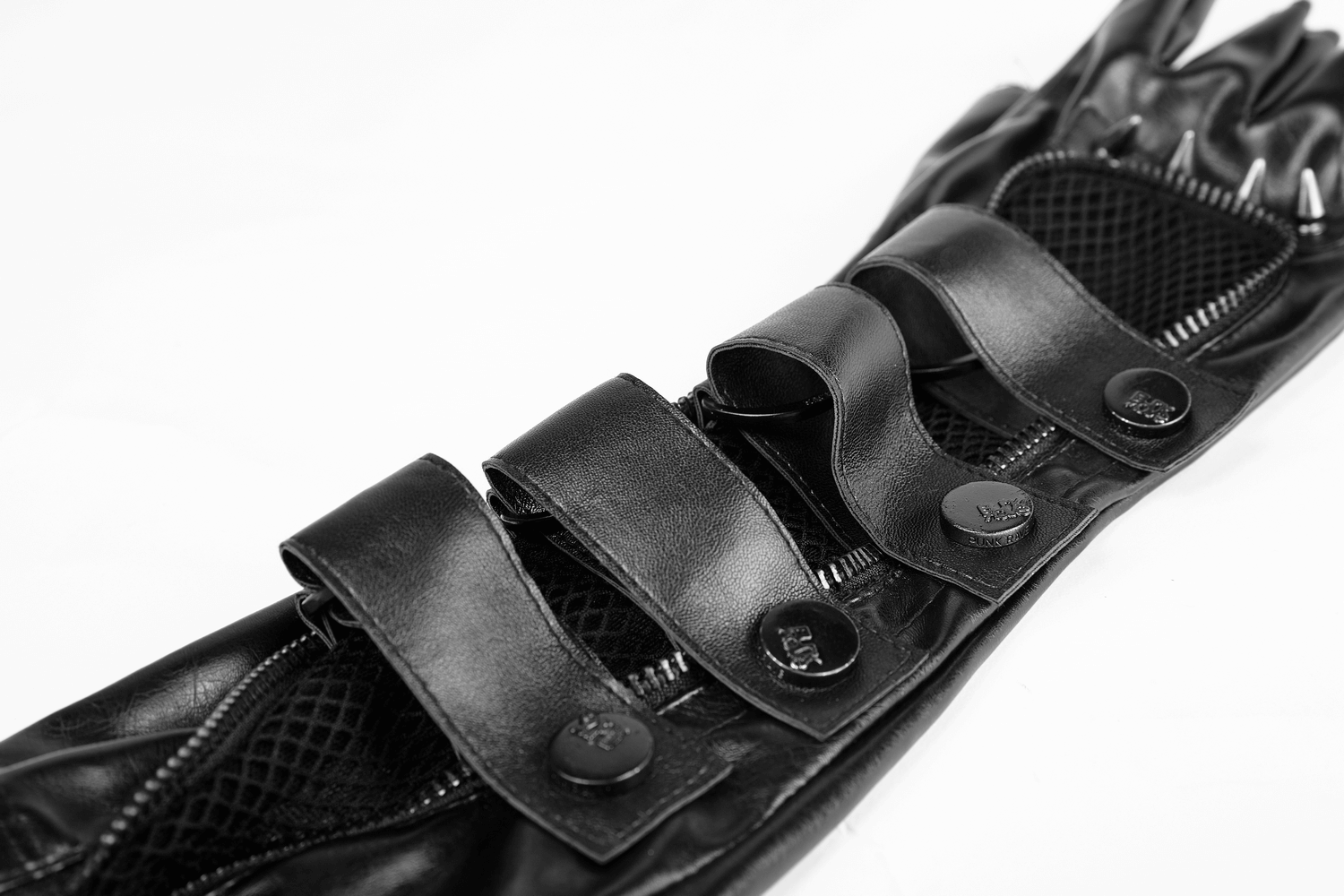 Black punk gauntlet gloves with spiked joints and mesh accents for a bold, rebellious look.