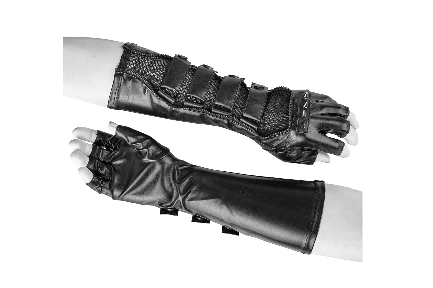 Black punk gauntlet gloves with spiked joints and mesh accents, showcasing a rebellious fashion statement.