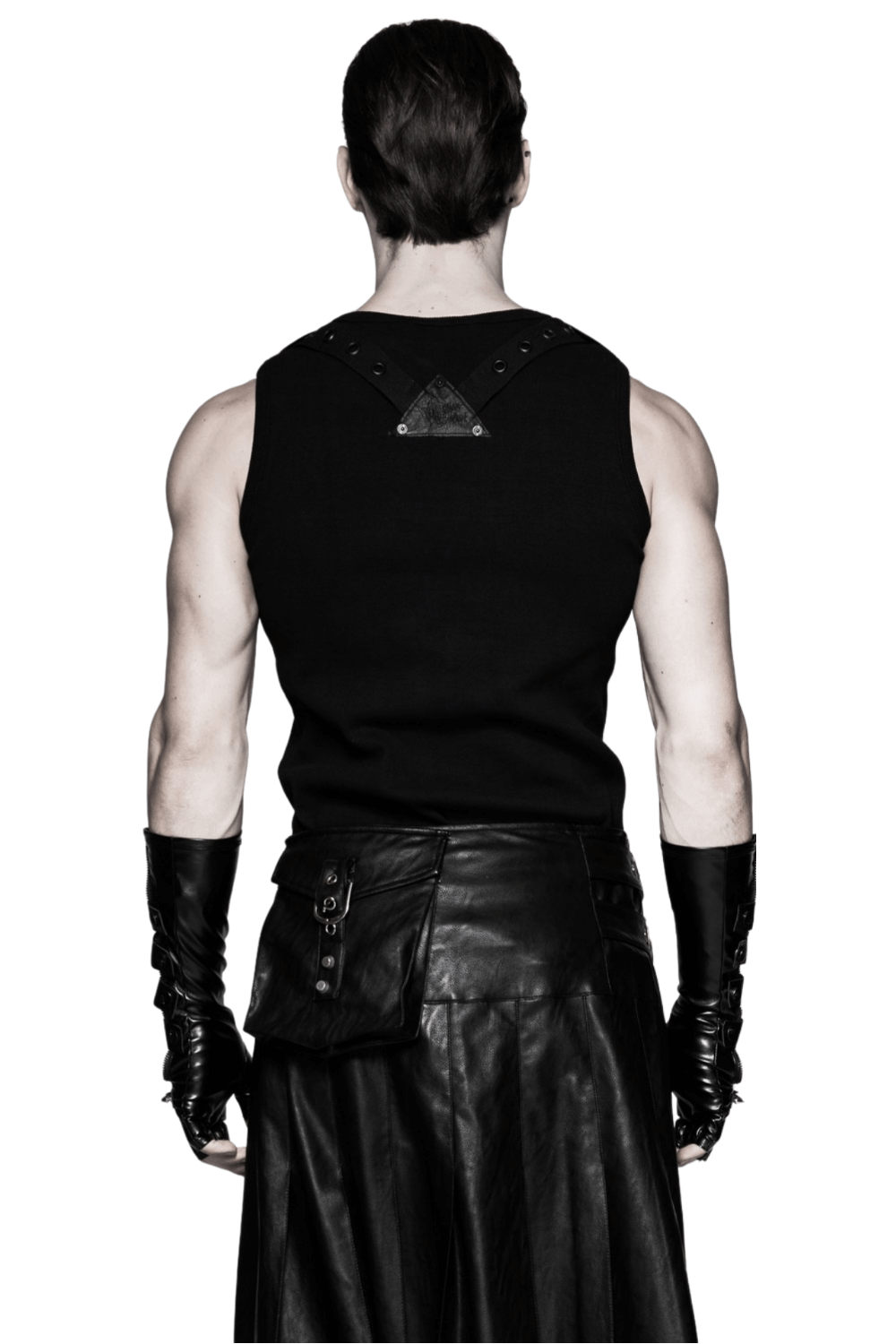 Model showcasing black punk gauntlet gloves with spiked joints and sleek leather outfit, emphasizing edgy fashion.