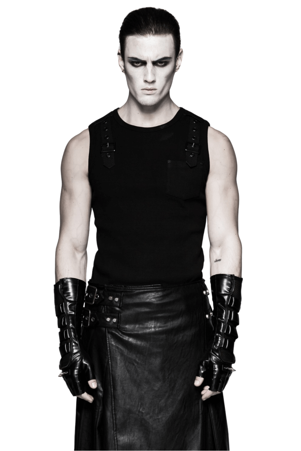 Model showcasing Black Punk Gauntlet Gloves with spiked joints and mesh accents, styled in a sleek black outfit.