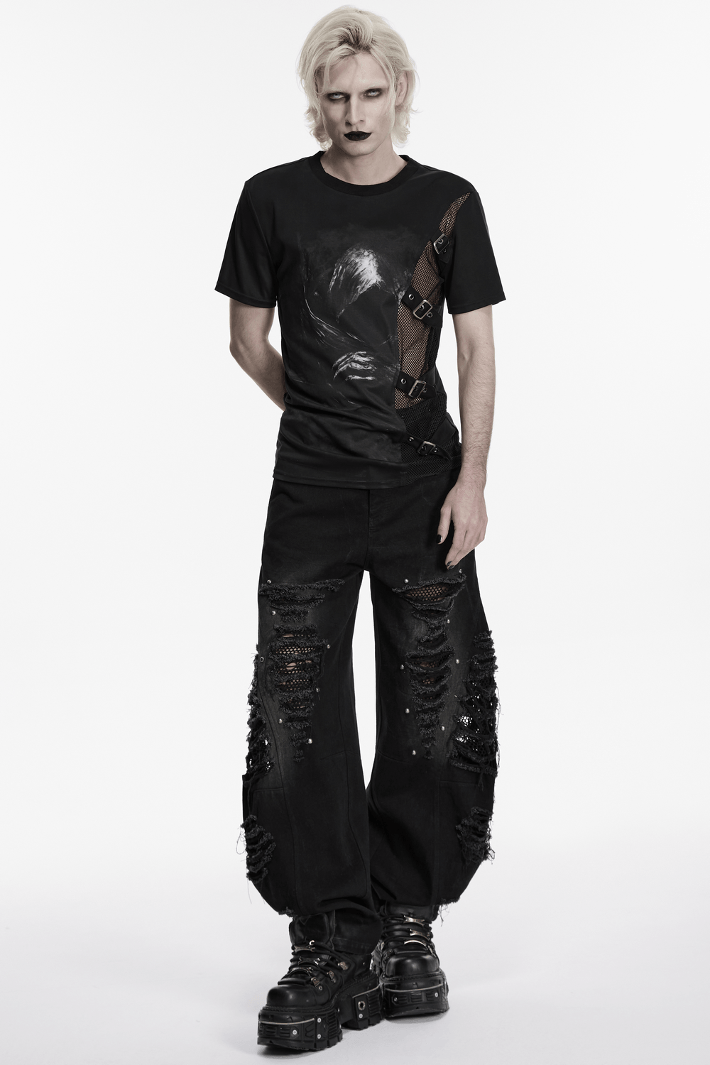 Black Punk Graphic T-Shirt With Buckled Mesh Side